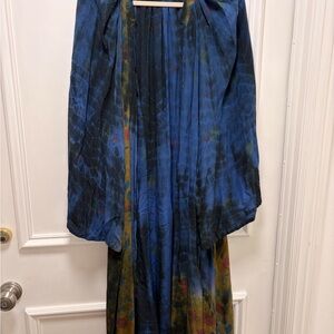 Blue Tie-Dye Boho Maxi Dress with Olive Accents